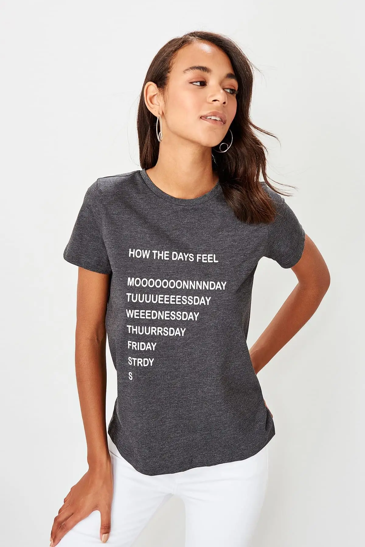 Trendyol Антрацит печатных Базовые Трикотажные футболки TWOSS19TS0235 | Женская одежда