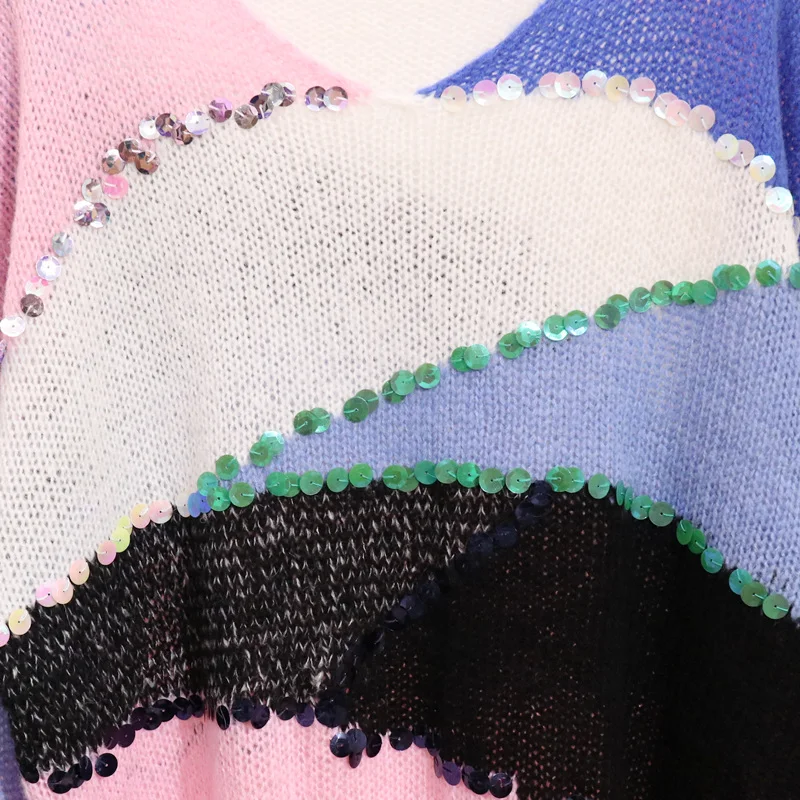 Off Shoulder 2018New autumn Women's Loose sweaters fashion pullovers Sequin V-neck Contrast color Street wear knitted jumpers | Женская