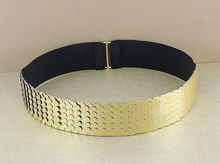

Fashion metal Wide Elastic Black Belt Women Gold silver Belt Metal Fish Skin Keeper Brand Belts for Women