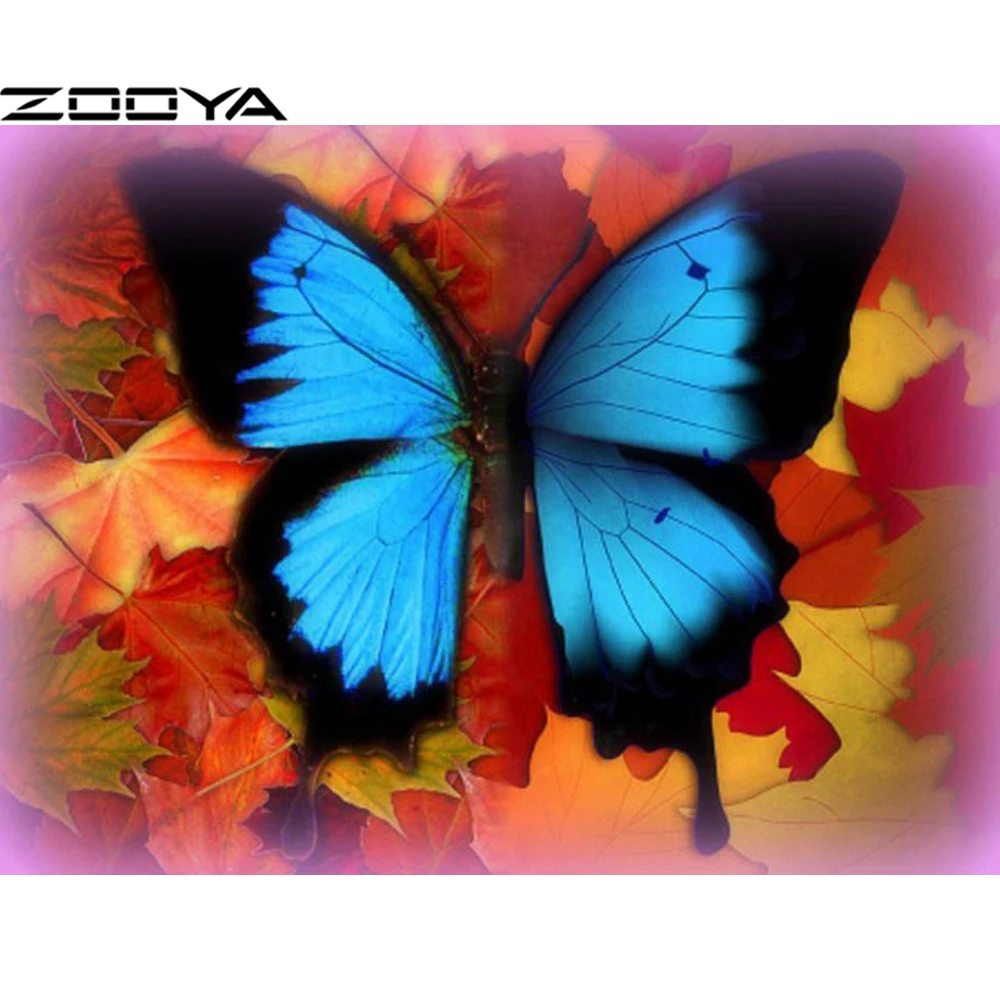 

ZOOYA Diamond Embroidery Cross-Stitch DIY Diamond Painting A Blue Butterfly On The Maple Leaf Embroidered With Rhinestones R703