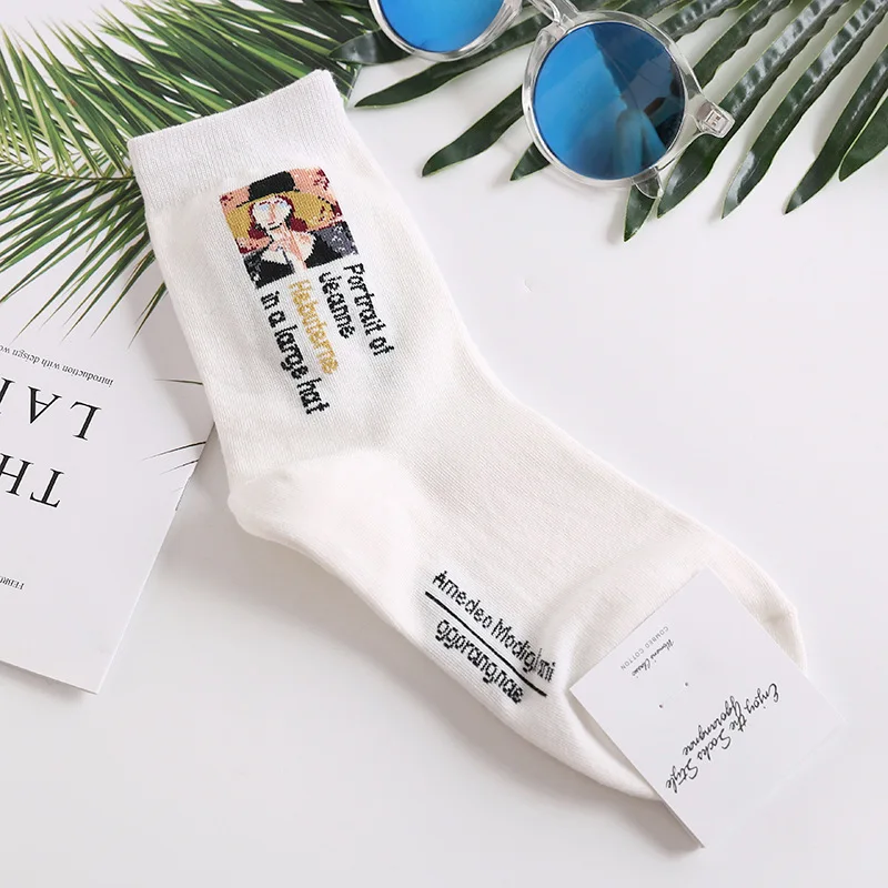 white socks Ван Гог Мона Лиза крик Подсолнух живопись повседневные женские хлопковые носки винтажные Абстрактные Художественные Носки с рисунком мужские летние носки - Цвет: white socks