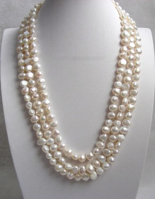 

Fast shippingbaroque 3row white freshwater pearls necklace earring gift