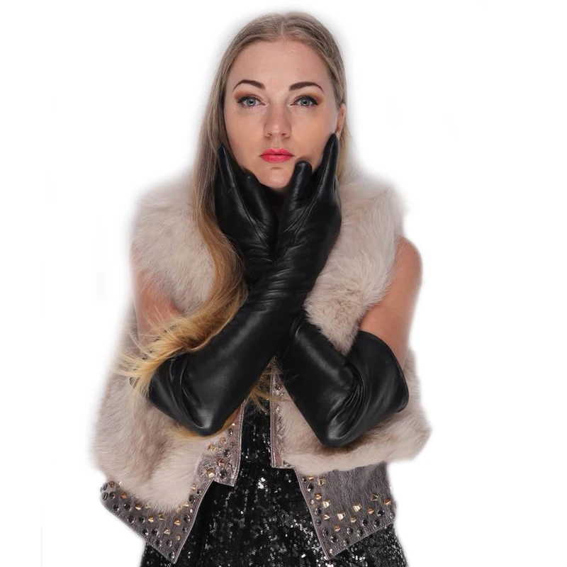 Женские кожаные перчатки в стиле оперы черные из натуральной овечьей шкуры