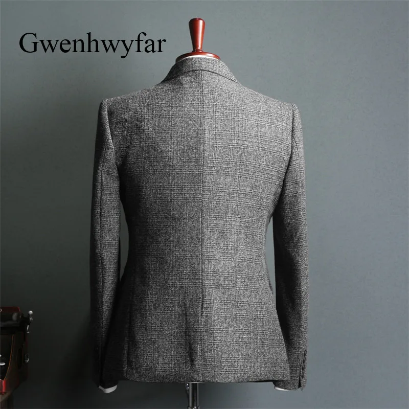 Gwenhwyfar мужской Клетчатый костюм серый Slim Fit Свадебные костюмы для мужчин высокого качества Деловые костюмы 3 шт. пиджак брюки жилет