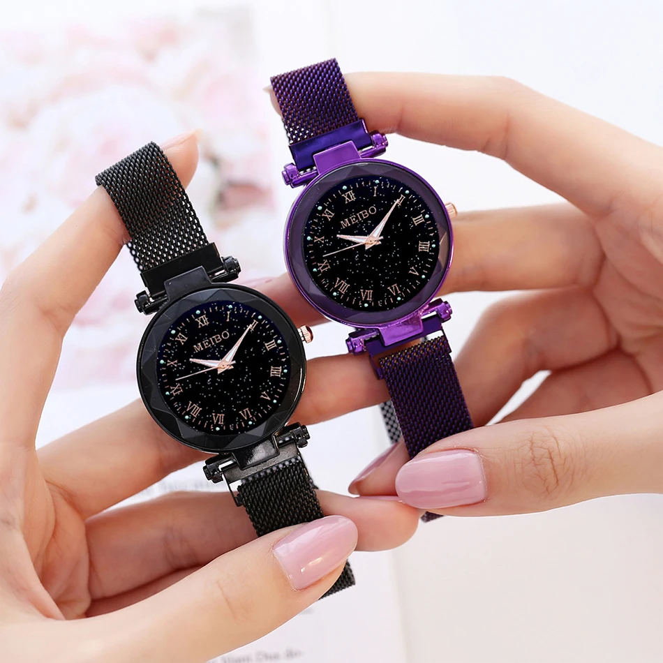 Relogio Feminino модные женские часы Звездное небо магнитные наручные часы с ремешком-сеткой женское платье Светящиеся кварцевые наручные женские часы