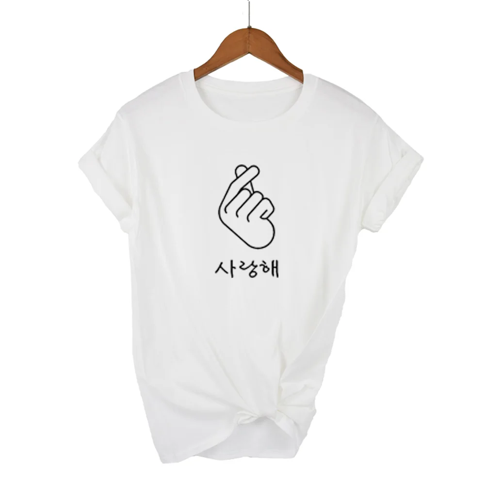 Корейская футболка с надписью «Finger Heart I Love You» Hangul, хипстерская женская футболка с коротким рукавом и принтом, летние женские топы, женская футболка