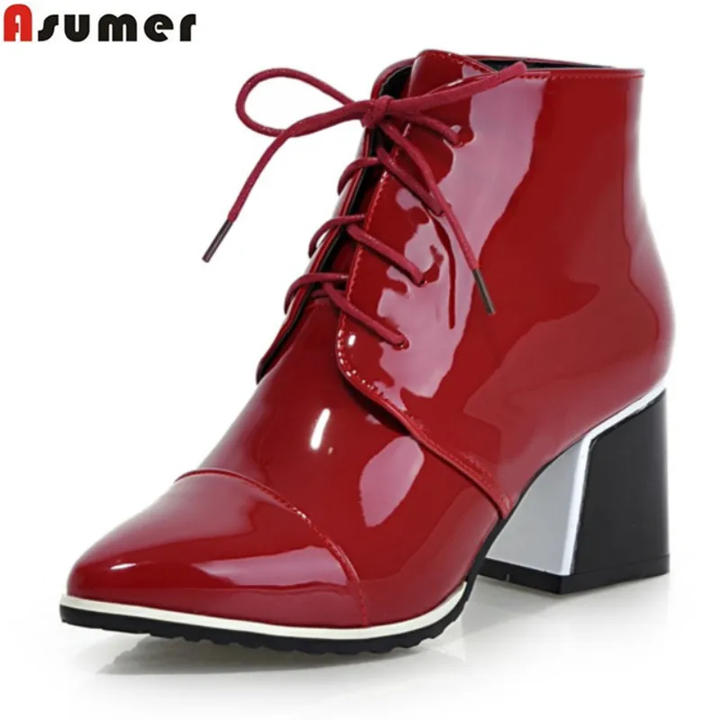 

Asumer big size 33-43 fashion lace up ankle boots med heel pointed toe shoes high quality pu patent leather autumn women boots