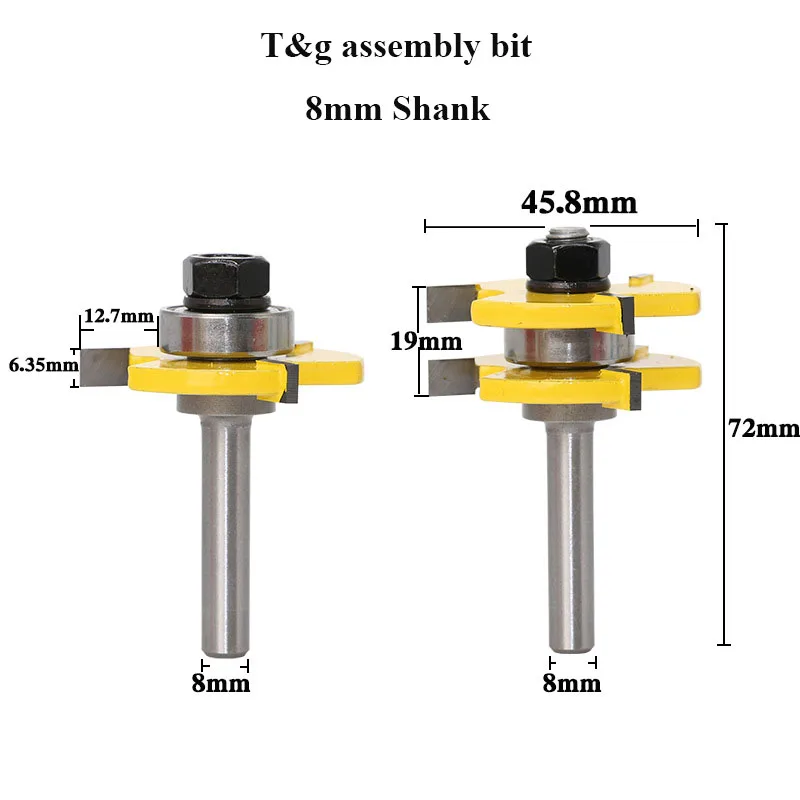 

8mm Shank Tongue & Groove Joint Assembly Router Bit Set Wood Cutter Woodworking Tool - RCT Milling Cutter Mill Tool