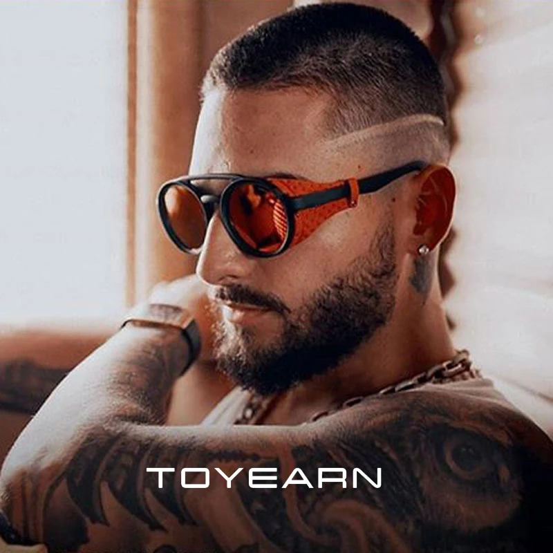 

Classic Brand Design Fashion Round Steampunk Sunglasses Men Vintage Punk Rivet Wrap Sun Glasses For Male Retro Leather Eyewear