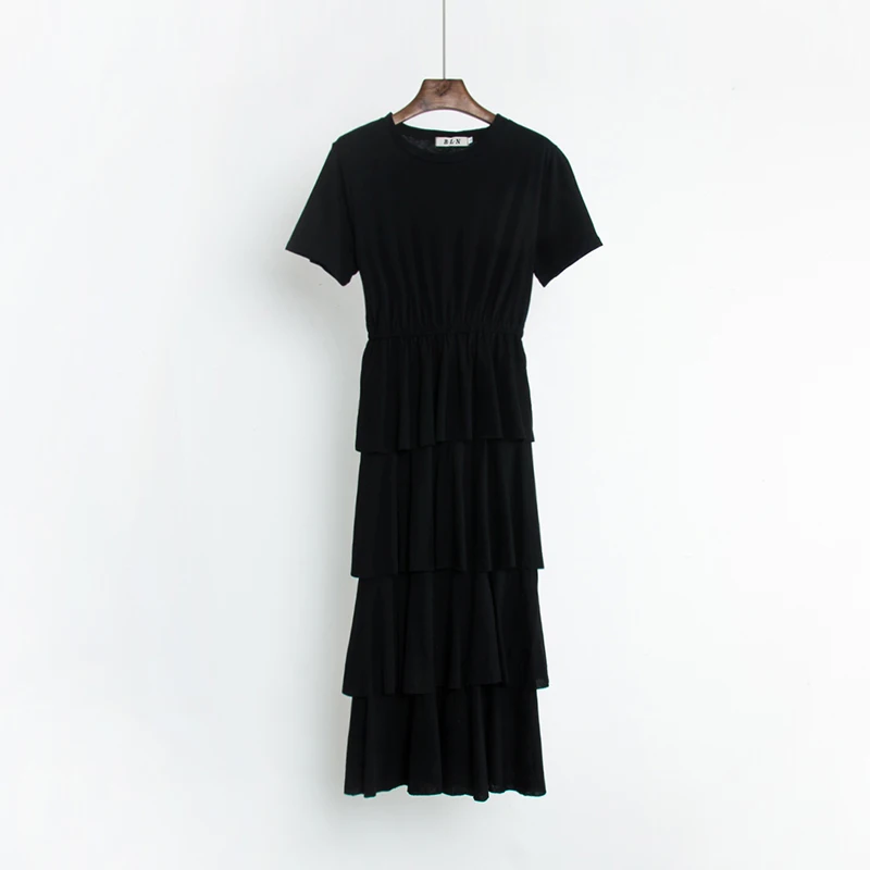 

PERHAPS U White Black O Neck Short Sleeve Ruffle Maxi Dress A Line Solid Summer Casual High Street Long Maxi D0245