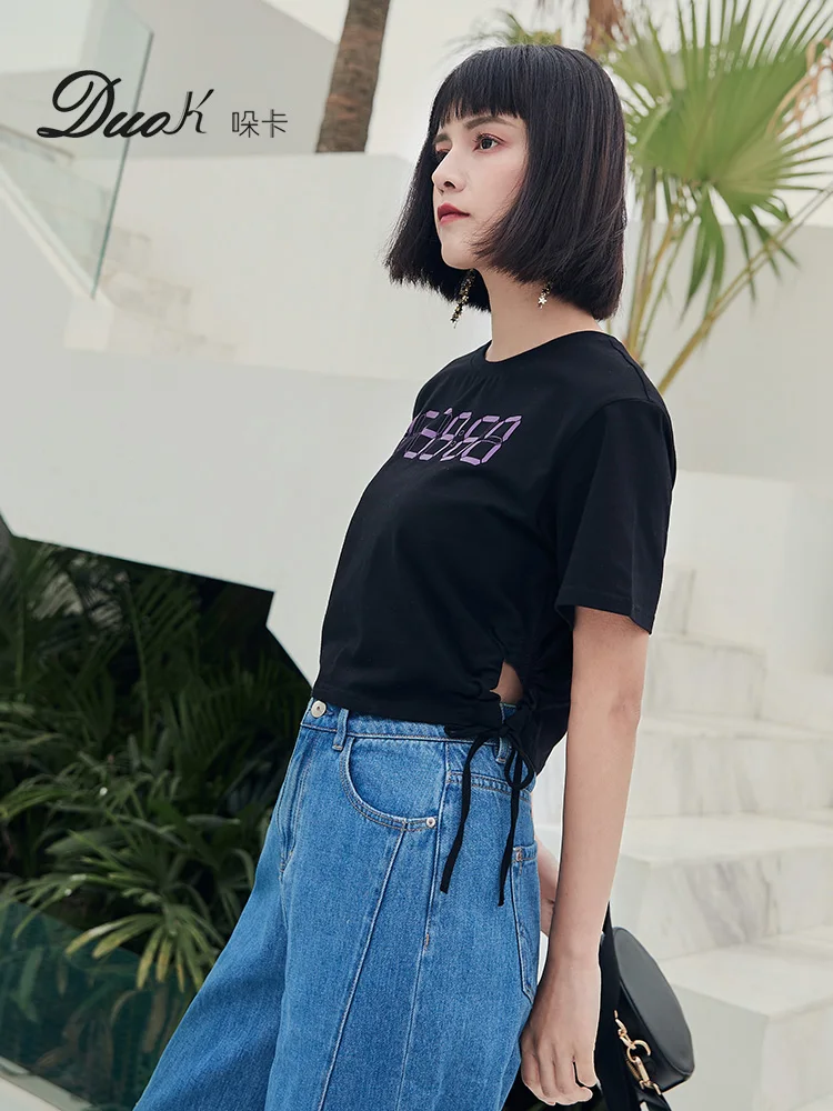Для женщин укороченный топ черные рубашки с принтом Высокая Талия Side Lace-up Рубашка