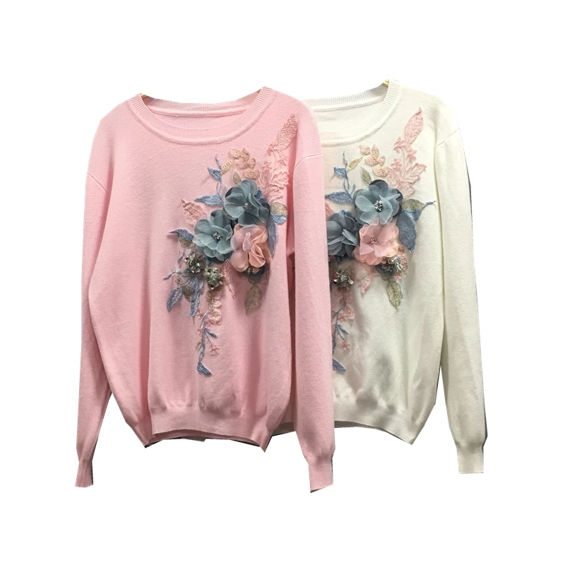 Pullover Sweater Woman 2018 Autumn New Women's Loose Three-dimensional Flower Embroidery Sequin Sweaters Knit Coats | Женская одежда