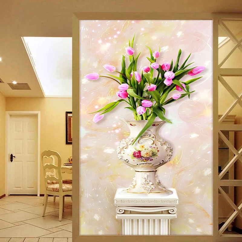 

3D Stereo Relief Jade Tulip Vase Wallpaper Roman Column Entrance Mural Living Room Hotel European Style Home Decor Papel Pintado