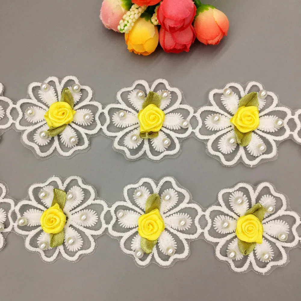 GXINUG 50 шт. хлопок жемчуг желтый цветок вышитые кружева отделка ленты ткань ручной