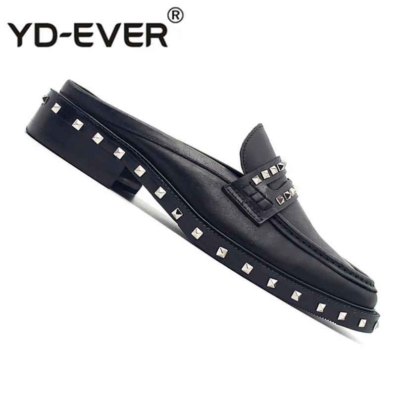 Mules Black Half Cow Skin Runway Fashion Metal Men Shoes Italy Brand Large Size Sandals Rivet British Style Custom Stud Slides | Обувь