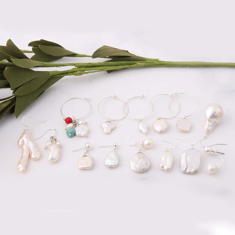 NeeFuWoFu Orecchini NEW Geometric Genuine Pearl Drop Earrings for Women Handmade Gold Hollow Freshwater Pearl Pendant Dangle Ear