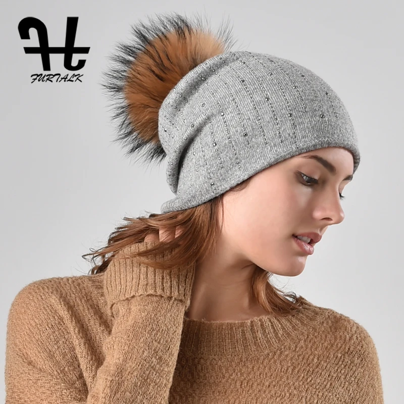 FURTALK Knitted Beanie Hat Women Rabbit Fur pompom Cap Winter Autumn Slouchy Hats for Female 2019 | Аксессуары для одежды