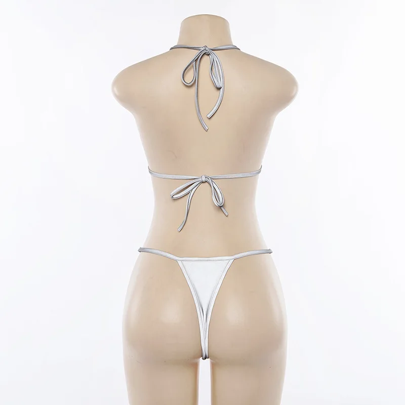 Reflective 2 Piece Set Sexy Two Halter Lace Up Crop Top and Thong Shorts Matching Sets Beach Night Club Outfits 2pc | Женская одежда