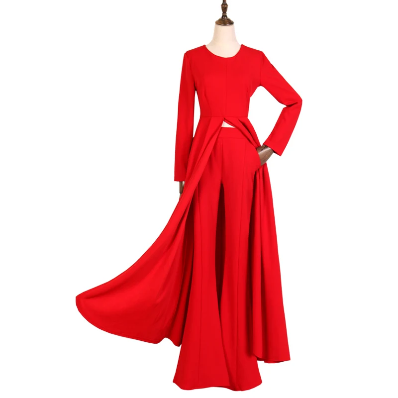 Red set LANMREM комплект из 2 предметов для женщин, пуловер с длинным рукавом, Длинные Топы+ расклешенные брюки с высокой талией, Весенняя мода, темперамент, YG688 - Цвет: Red set