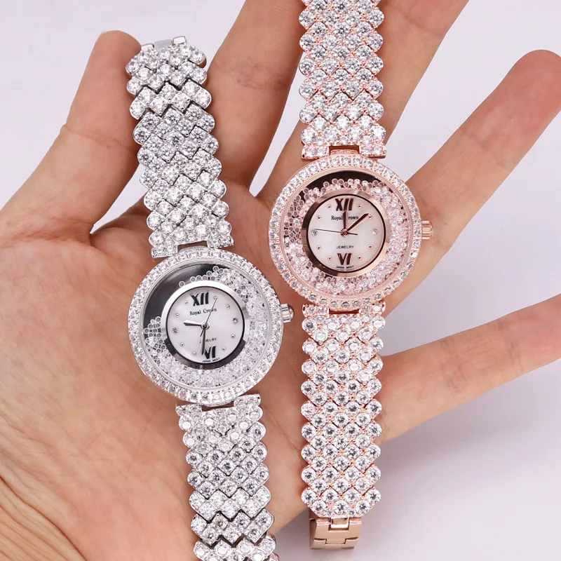 

Prong Setting Luxury Jewelry Lady Women's Watch Fashion Full Crystal Hours Dress Bracelet Rhinestone Girl's Gift Royal Crown Box