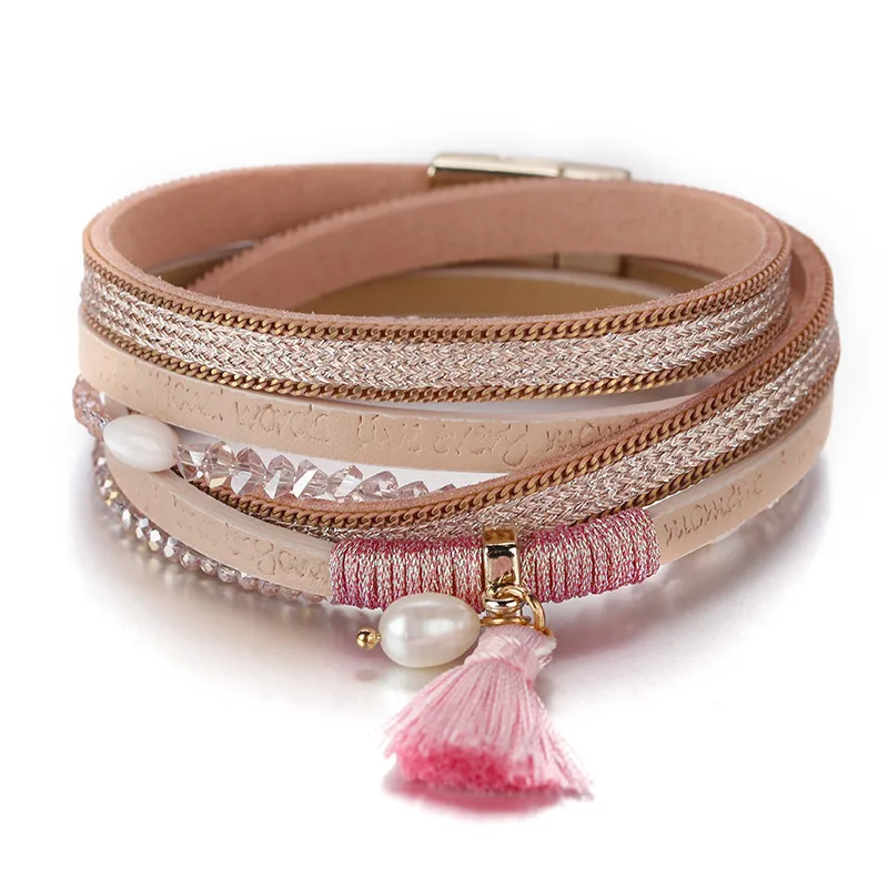 Pink ALLYES Lette слова кожаные браслеты для женщин Мода Boho Кристалл бисер кисточка дамы многослойный наматывающийся браслет ювелирные изделия - Окраска металла: Pink