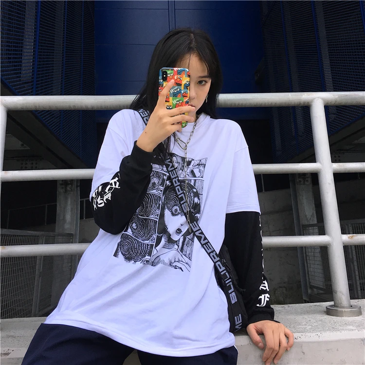 Funeral dark new ulzzang Harajuku BF хип-хоп поддельные две части Мода Harajuku свободный большой размер женский осенний мультфильм толстовка