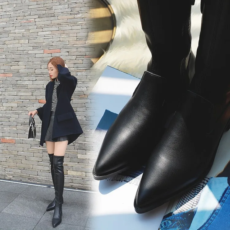 MLJUESE women over the knee boots cow leather slip on autumn spring low heel pointed toe boots high boots size 34-43