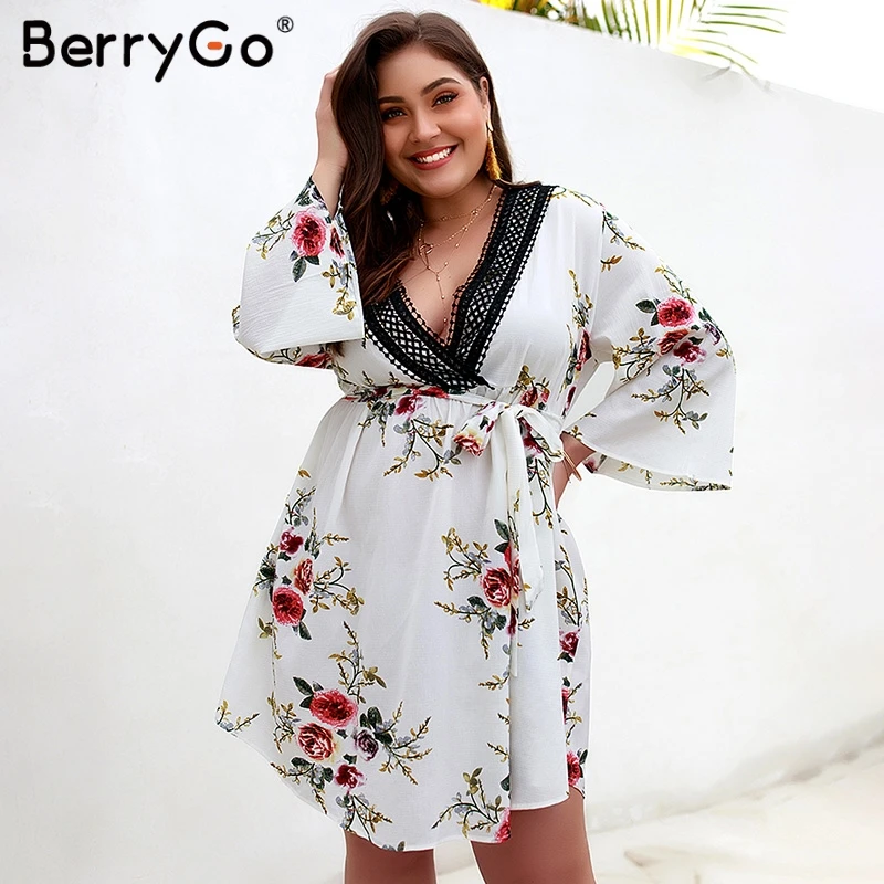 BerryGo женское платье сексуальный цветочный принт богемный платья v-образный вырез