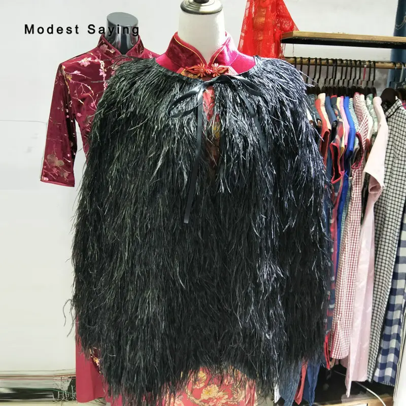 

Luxury 75cm Black Ostrich Feather Wedding Fur Boleros Cape 2018 Hip Length Bridal Jackets for evening dress Wedding Accessories