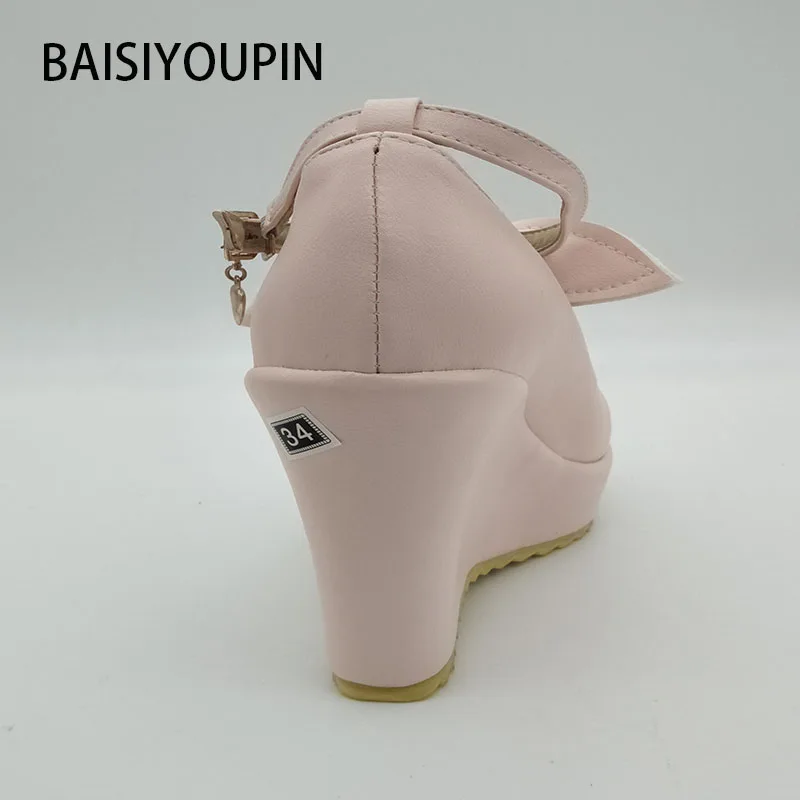 2017 г. Новая модная Милая обувь для принцессы с бантом на танкетке высоком каблуке