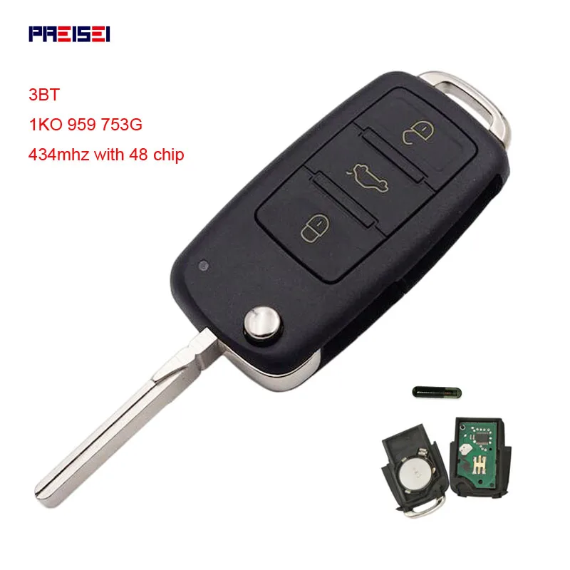 

PREISEI 3 Button Flip Car Remote key For VW Caddy Eos Golf Jetta Sirocco Tiguan Touran 2004-2011 433Mhz ID48 Chip 1KO 959 753G