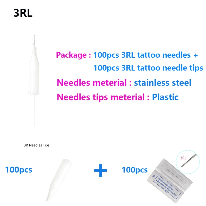 3Rl (Needles +Tips Each 100pcs ) Professional Permanent Makeup Machine Needles Caps Tattoo For Eyebrow Lips | Красота и здоровье