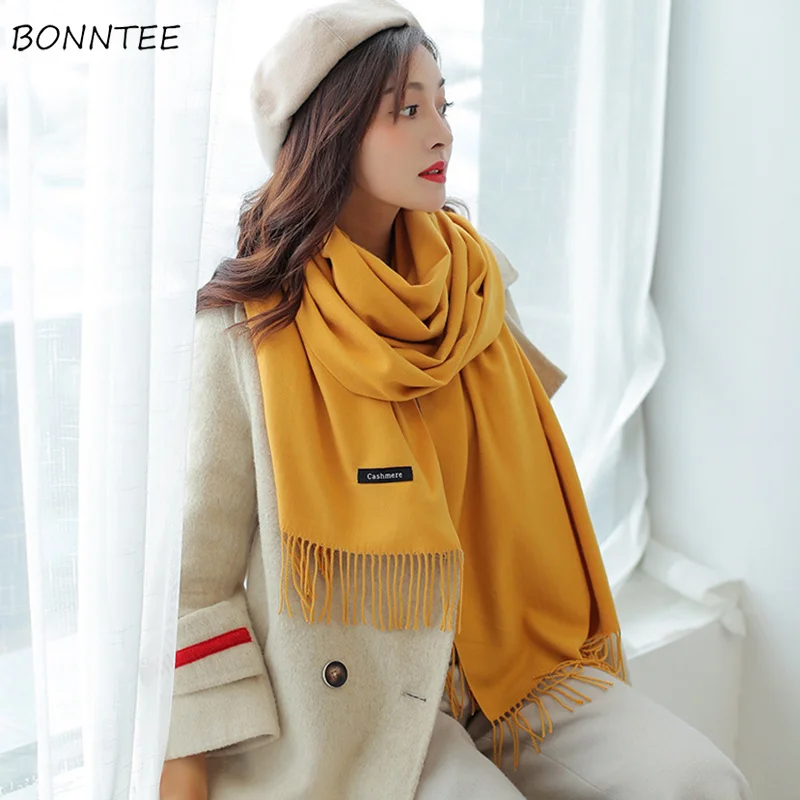 

Scarves Women Fashionable Elegant Warm Korean Simple Winter Scarf Student Cute Thicker Tassel Shawl Solid Soft Ladies Scarfs