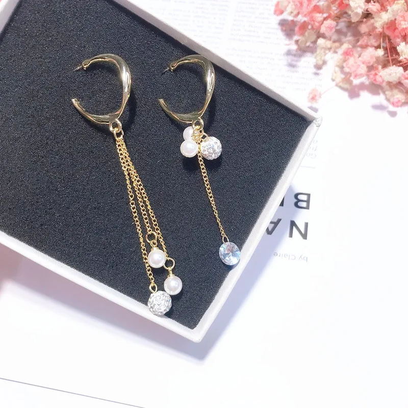 2019 New Fashion Women Asymmetric Cirle Zircon Drop Earrings Long Chain Tassel Simulated Pearl Beads Korean Pendientes Jewelry | Украшения