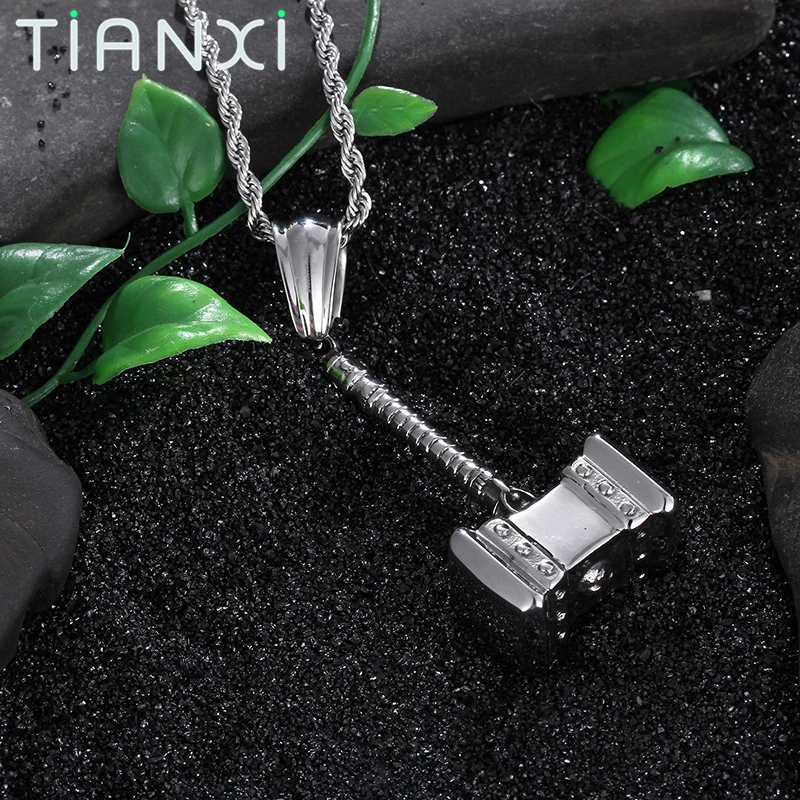 TIANXI Stainless Steel Silver Color Hammer Necklace Classic Punk Men Jewelry Charm Pendant &amp Twisted Singapore Chain Accessories |