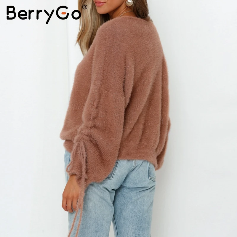 BerryGo Lace up soft mohair pullover women sweater O neck drop sleeve sweaters female Casual streetwear ladies knitted jumpers | Женская
