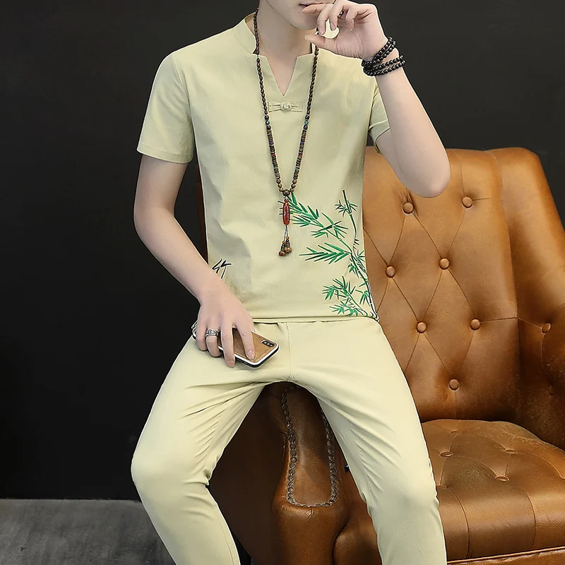 Льняной костюм с коротким рукавом мужская летняя хлопковая футболка в китайском