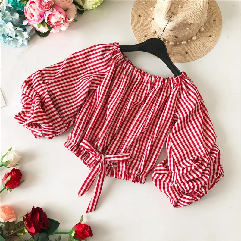 Neploe Korean Fashion Plaid Women Shirts New Arrivals Sexy Slash neck Bow Lace Up Blouse Long Sleeve Casual Female Blusas 66876 |