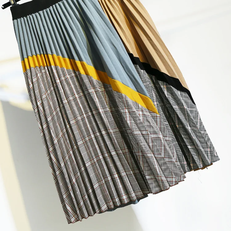 8530- летняя новая Ретро мода клетчатая прошитая Женская юбка длинные подходящие цвета плиссированные юбки для девушек