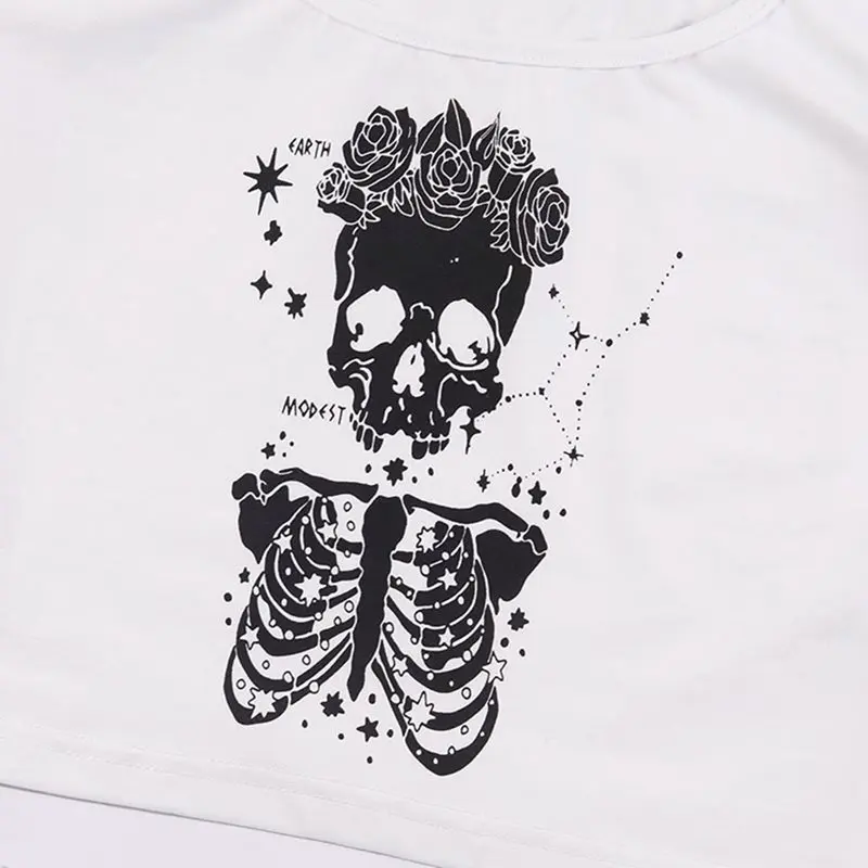 Женская укороченная блузка с принтом в готическом стиле белая облегающая