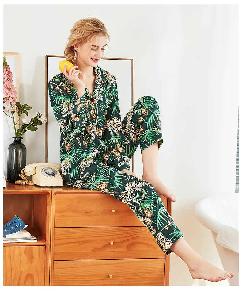 Summer Women Pajamas Sets With Pants Silk Pijama Satin Pyjama Flower Print Nightwear 2 Piece Set Long Sleeve Sleepwear