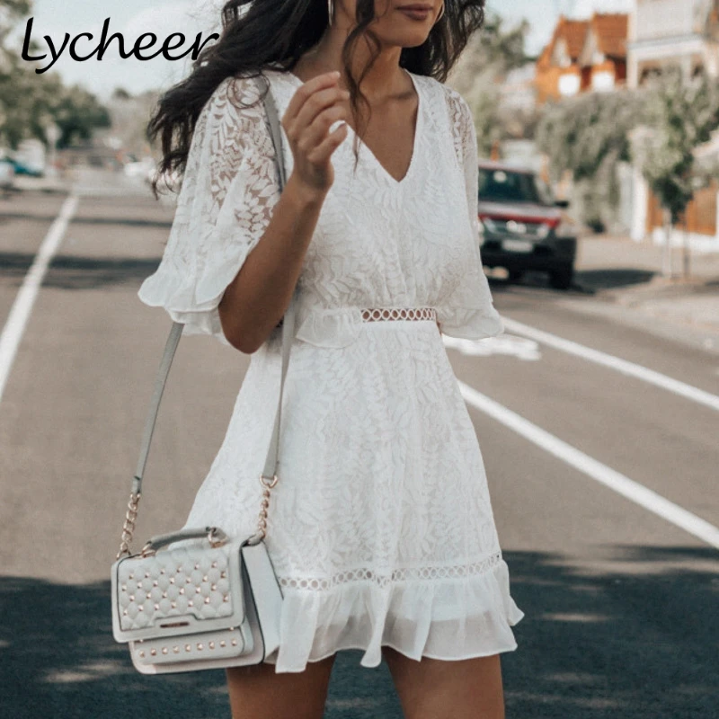 Lycheer Plus size ruffled lace embroidery lining women dress Vintage hollow out high waist sexy V-neck A-line party | Женская одежда