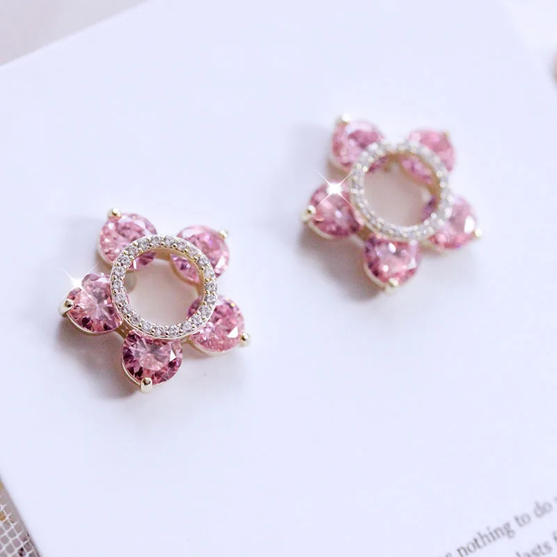 pink stone Модные серьги-гвоздики с пятью розовыми камнями в виде маленького цветка, серьги с желтой звездой из кубического циркония, Женские Ювелирные изделия, милые - Окраска металла: pink stone