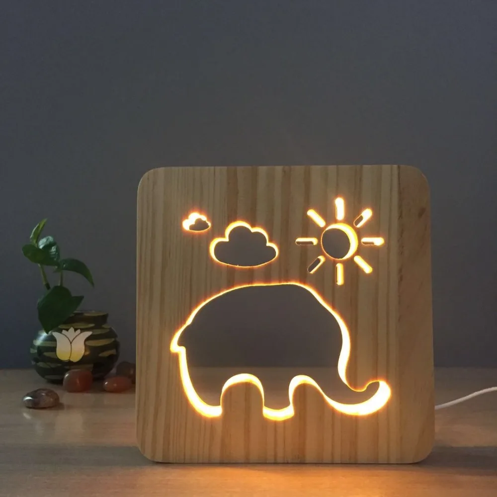 Романтический 3D выдалбливают Слон Дерево светодио дный Свет USB Настольная лампа