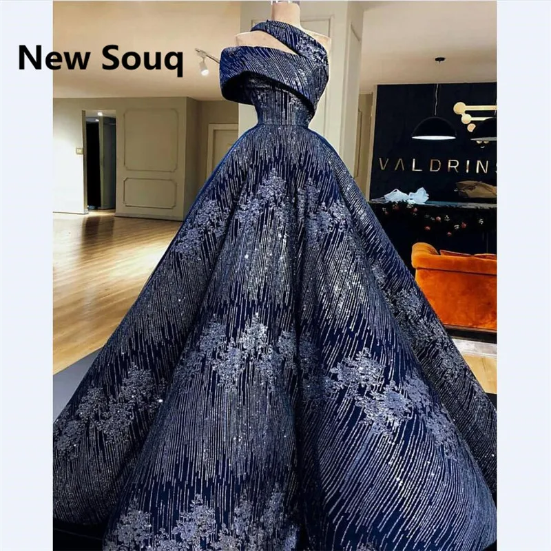 Navy Blue Sequined One Shoulder Prom Dresses Dubai Muslim Arabic Prom Gowns Evening Dress Vestidos De Fiesta De Noche