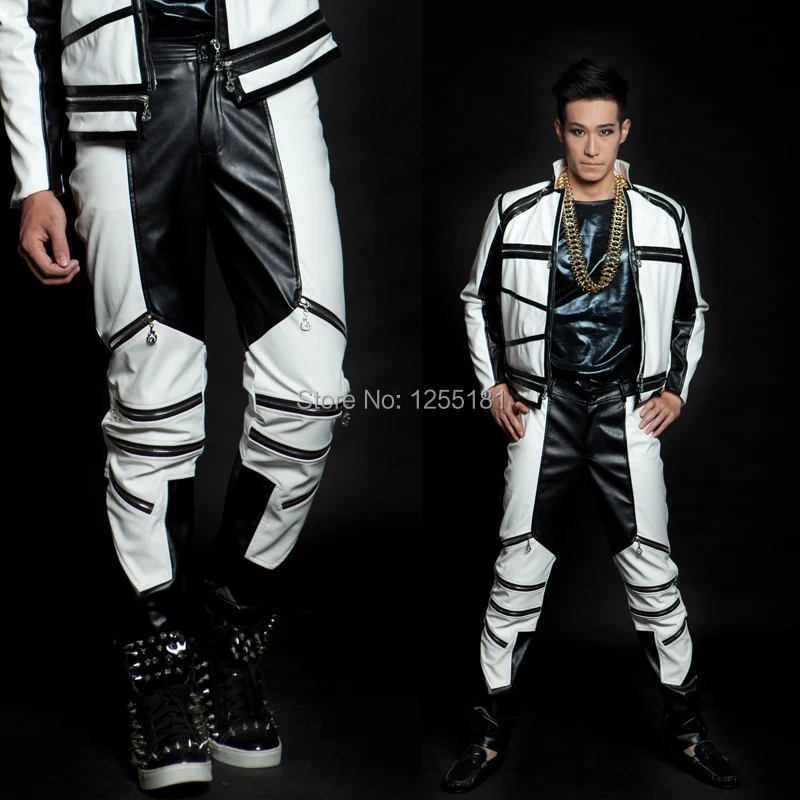 New Male Fashion Costume Black And White Color Block Mz General Version Of Zipper Leather Pants Dancewear Men's Trousers