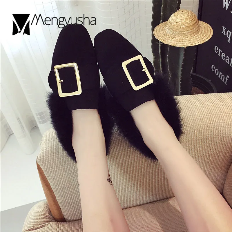 2018 новые женские туфли на кроличьем меху плоской подошве женская металлическая