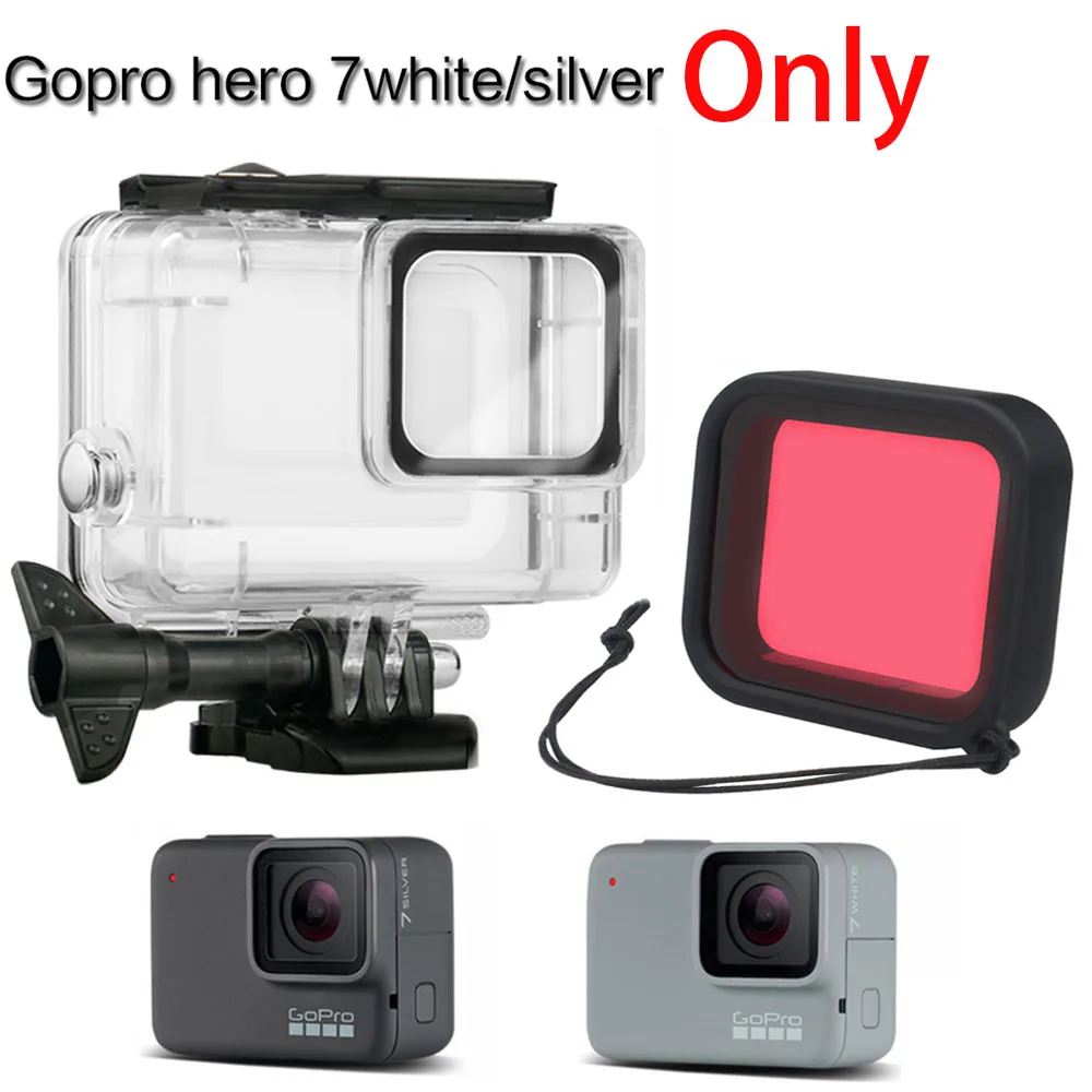 Водонепроницаемый чехол для Gopro 7 серебристый белый + красный фильтр дайвинга