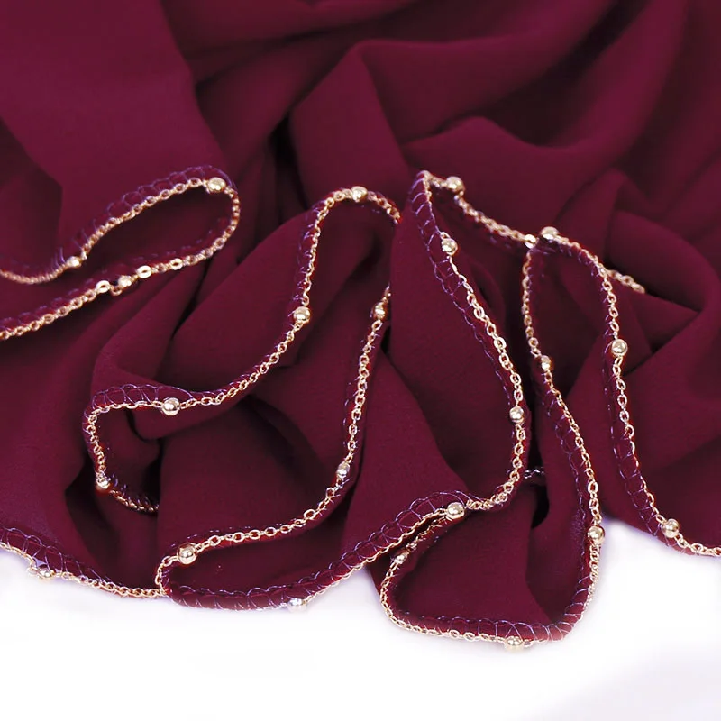 Plain Luxury Gold Chain Bubble Chiffon Instant Hijab Shawl Women High Quality Beads Shimmer Wrap Headband Stole Muslim Scarves |