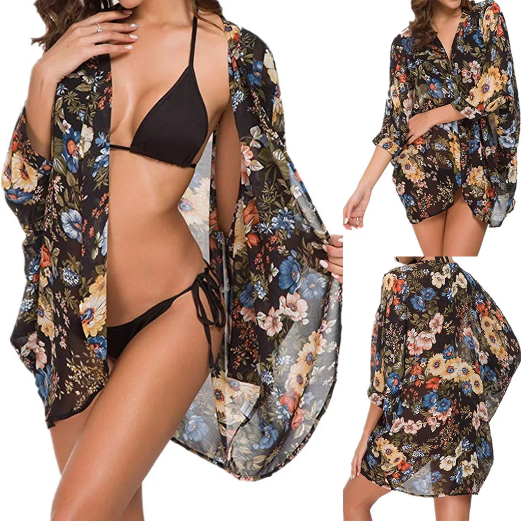 Женское шифоновое свободное кимоно с цветочным принтом кардиган накидка блузка